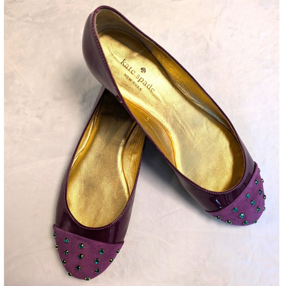Kate Spade Purple Patent Leather Suede Cap Toe Rhinestone Ballet Flats Shoes